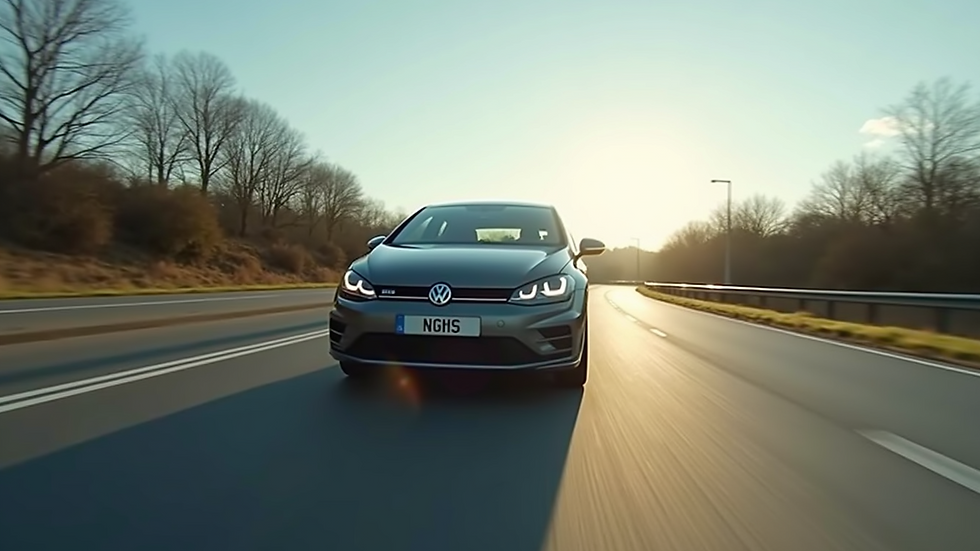Wide angle view of a well-maintained car driving safely on the road