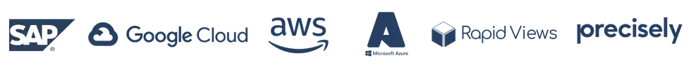 Logos des partenaires technologiques : SAP, Google Cloud, AWS, Microsoft Azure, Rapid Views et Precisely