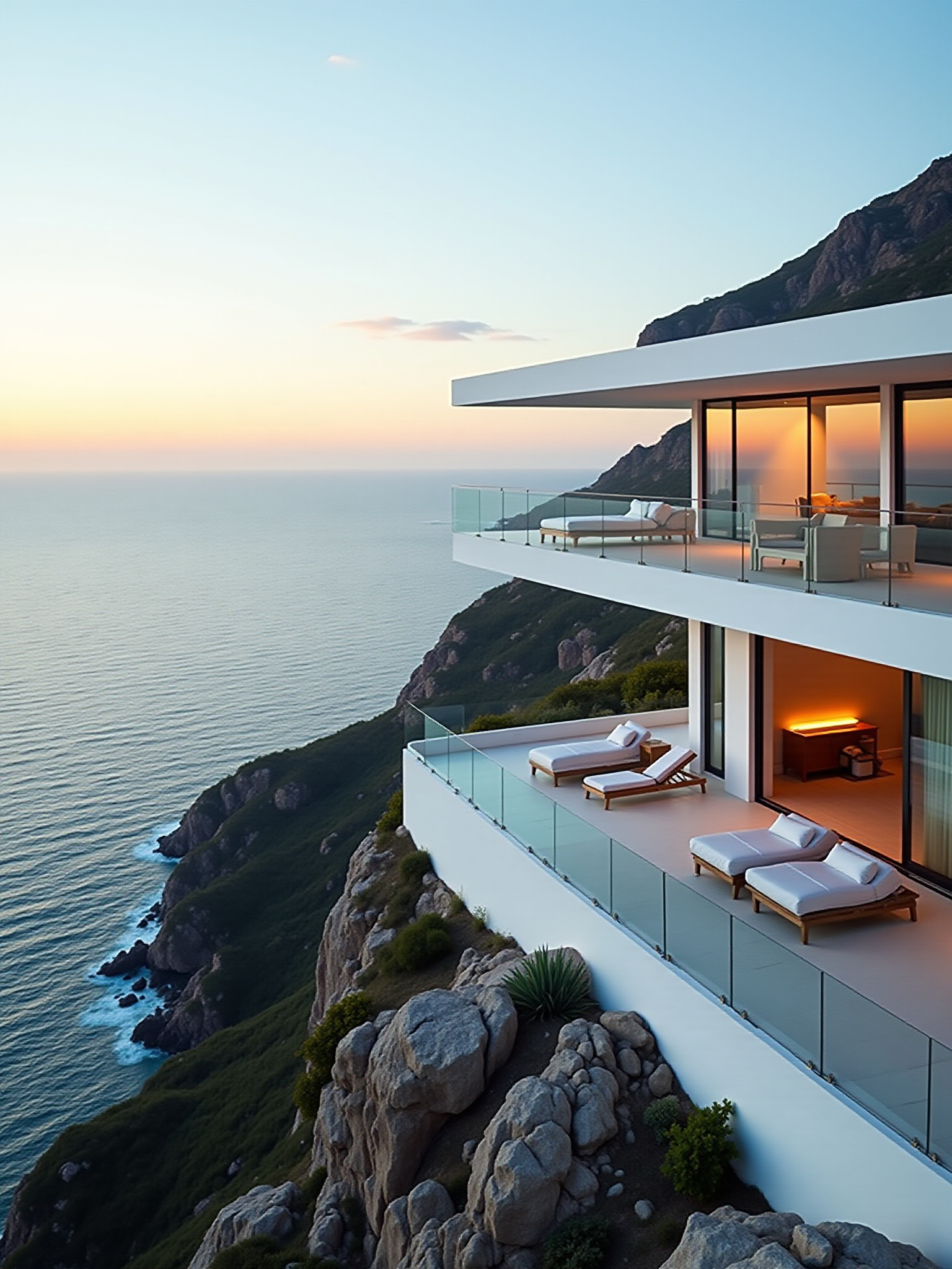 Luxury cliffside home with ocean view at sunset, Cape Town
