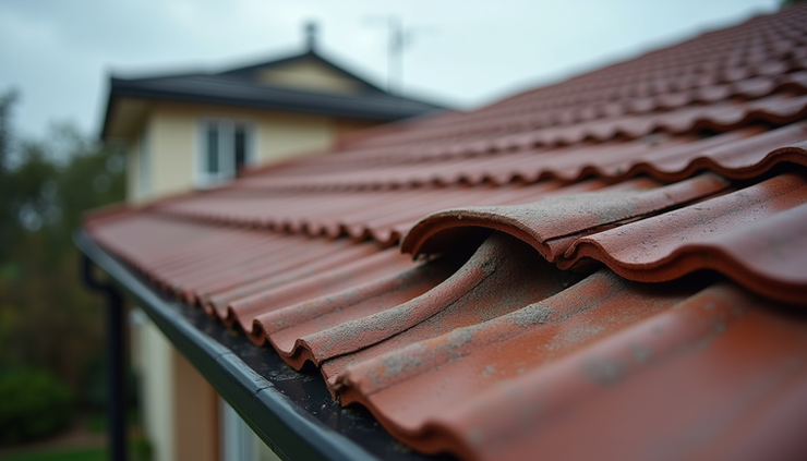 Eye-level view of a damaged tiled roof with missing ridge capping after a storm in Sydney