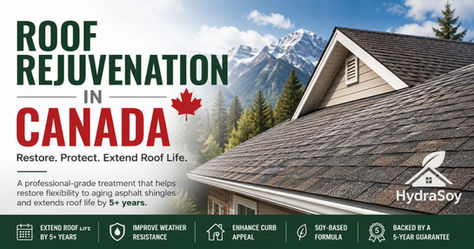 Roof rejuvenation ad for Canada over a shingled house roof and mountain backdrop; HydraSoy logo, 5+ years roof life claim.