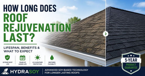 Roof before-and-after ad with text How Long Does Roof Rejuvenation Last? and 5-Year Product Guarantee.