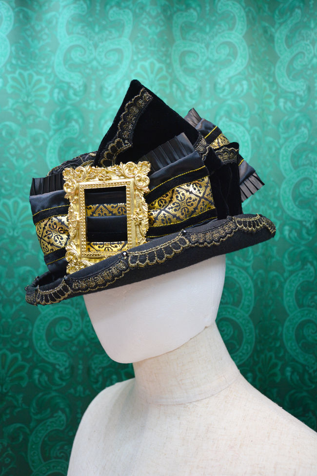 サムネイル： kki.2756　Elegant black and gold low silk HAT。