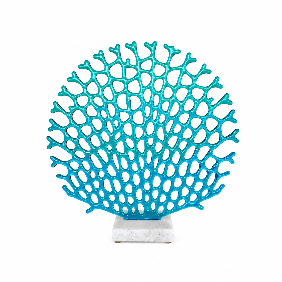 Handmade glass coral sea fan in turquoise blue tones with sand base