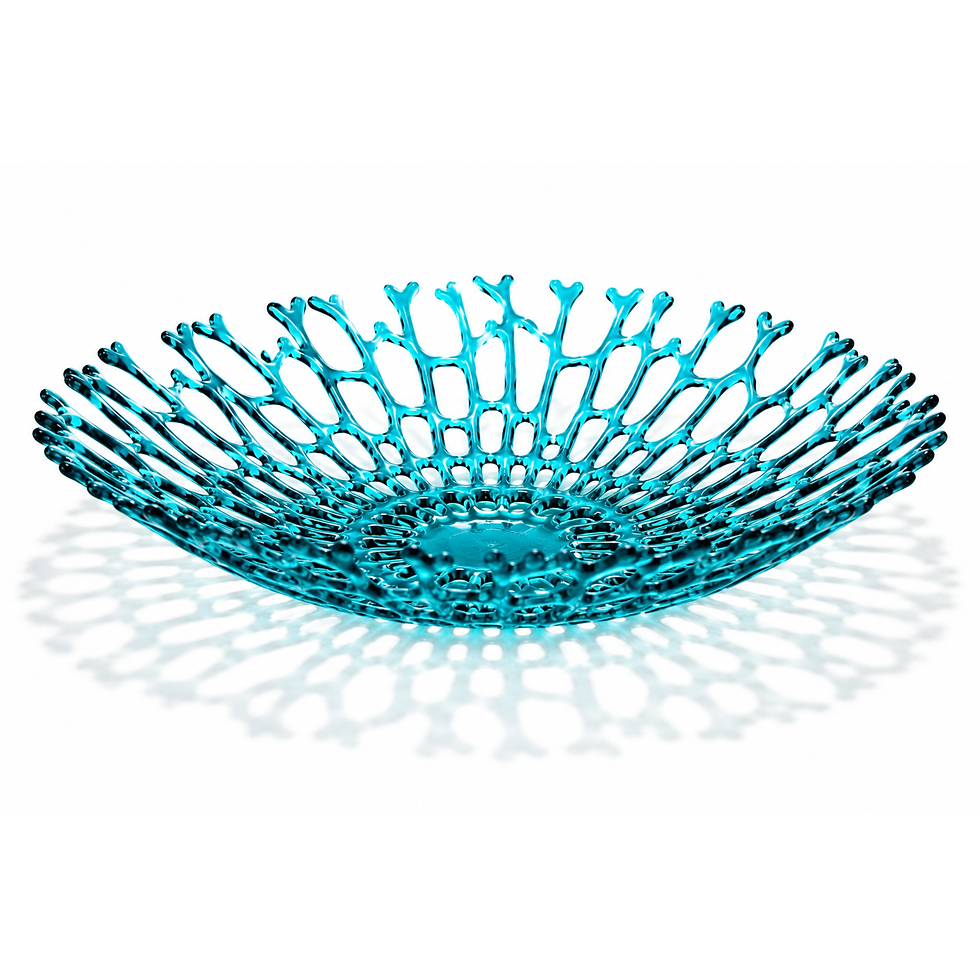 Thumbnail: Angled side view of handmade glass coral bowl with luminous caribbean blue glass and decorative coastal shadow pattern.