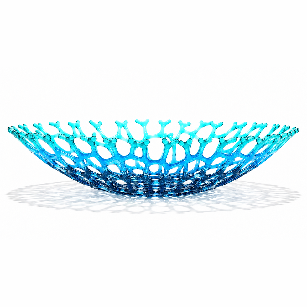 Handmade Caribbean Sea glass coral bowl inspired by tropical ocean waters, luxury coastal fused glass centerpiece