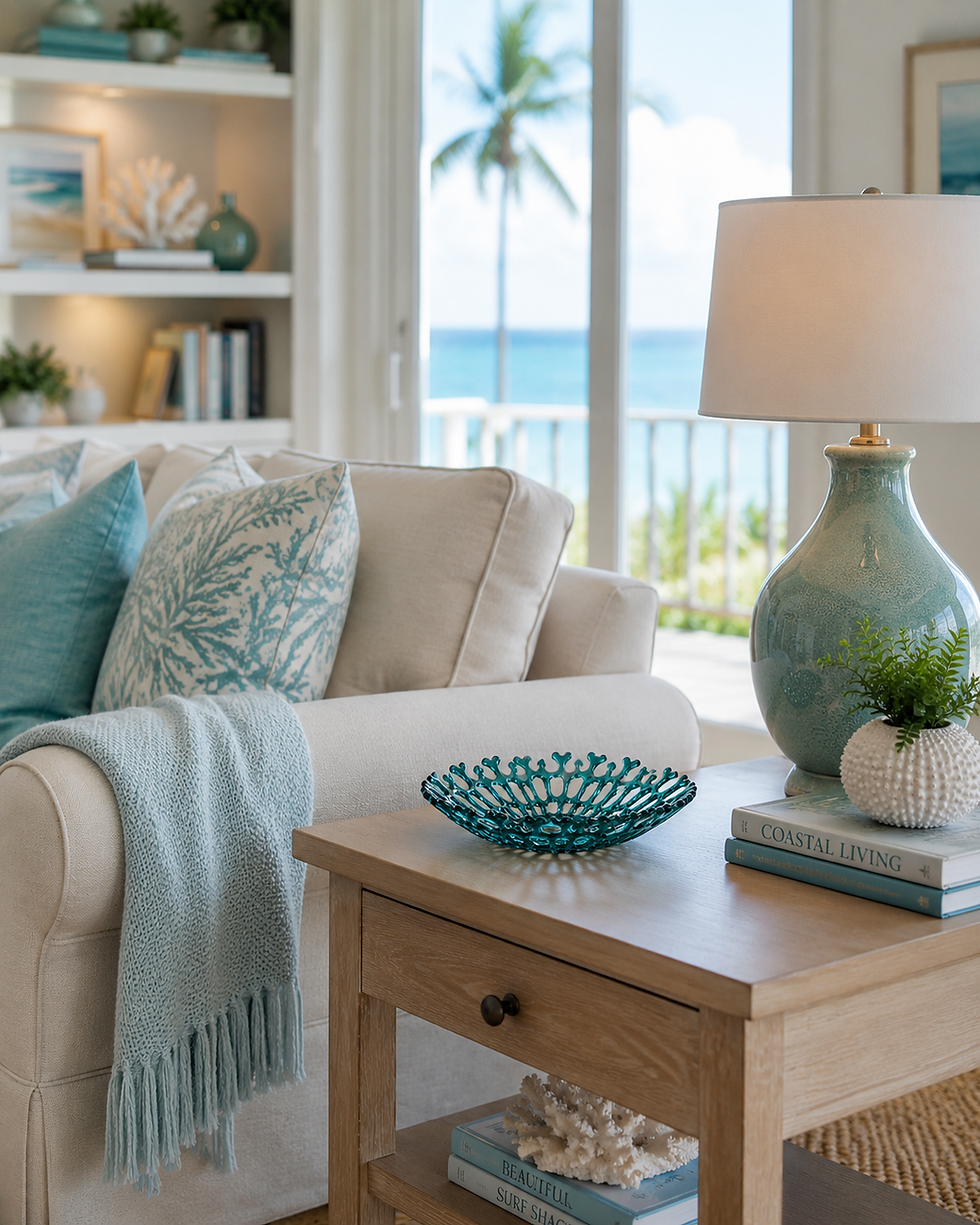 Medium glass coral bowl styled on a coastal side table in a bright beach-inspired living room.