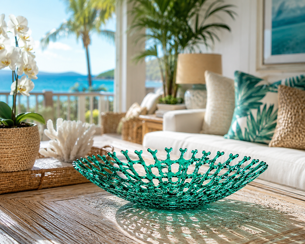 Turquoise green glass coral bowl styled in elegant coastal living room, handcrafted ocean-inspired coastal decor centerpiece