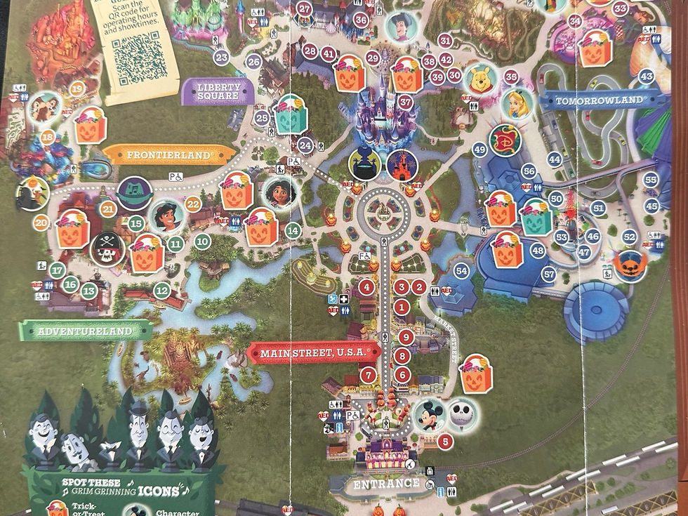 2026 Mickey’s Not-So-Scary Halloween Party Magic Kingdom map showing trick-or-treat locations