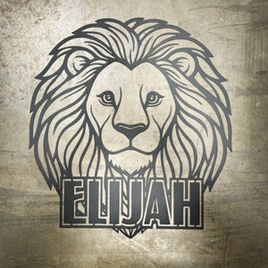 Matte black powder coated steel lion metal wall art with custom name personalization