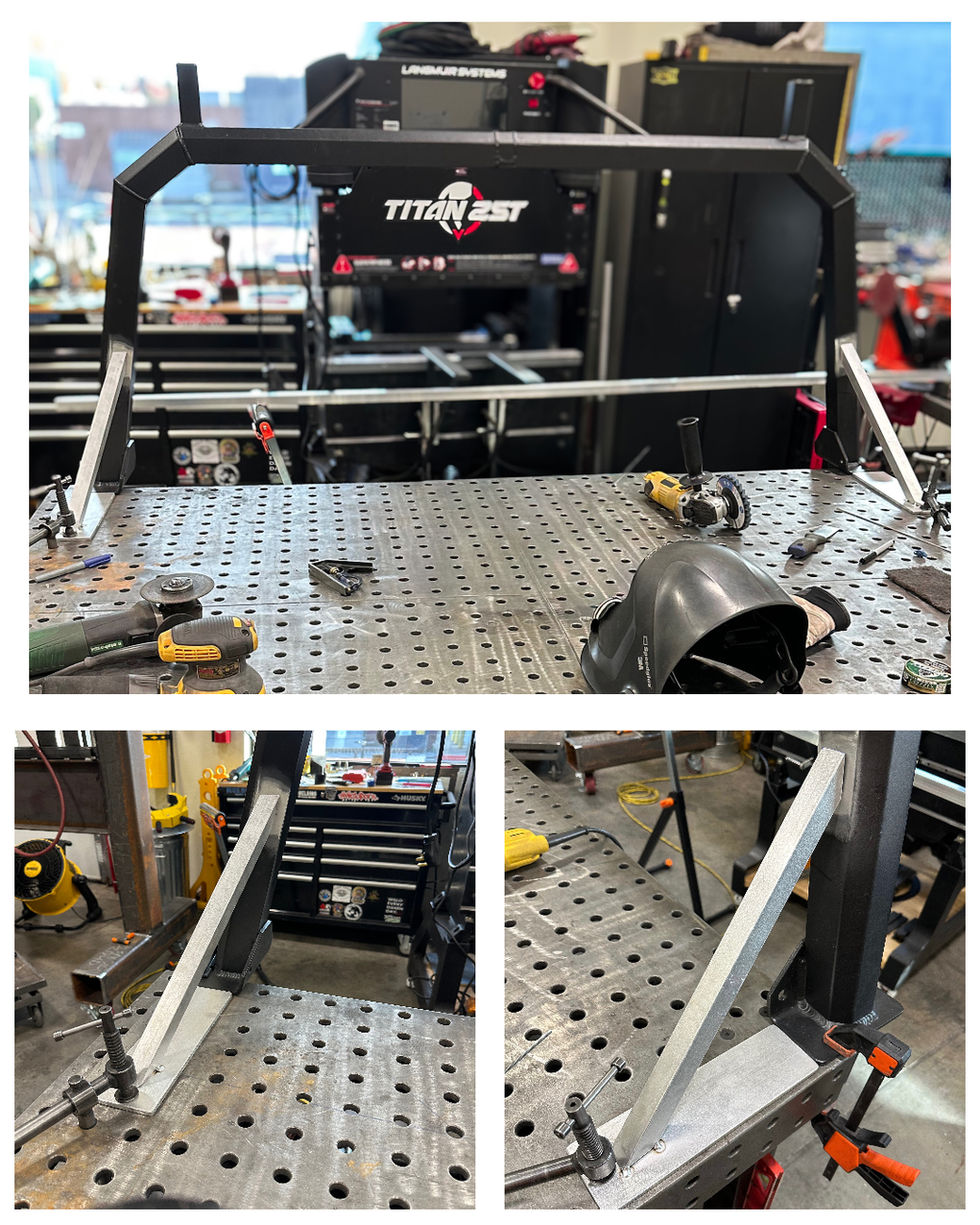 Fitting and clamping steel support braces for a custom truck headache rack during fabrication