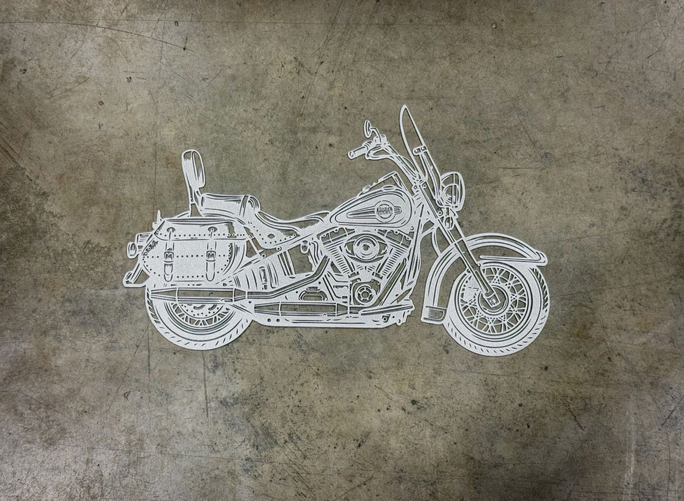 Silver powder coated steel cruiser motorcycle wall art with detailed engine and spoke design