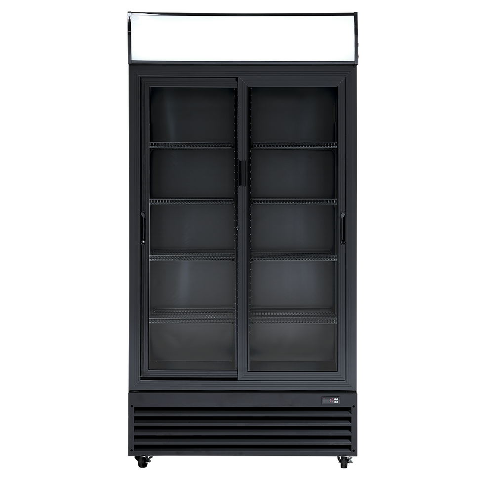 Glastürkühlschrank, schwarz mit Doppeltür, Frontansicht