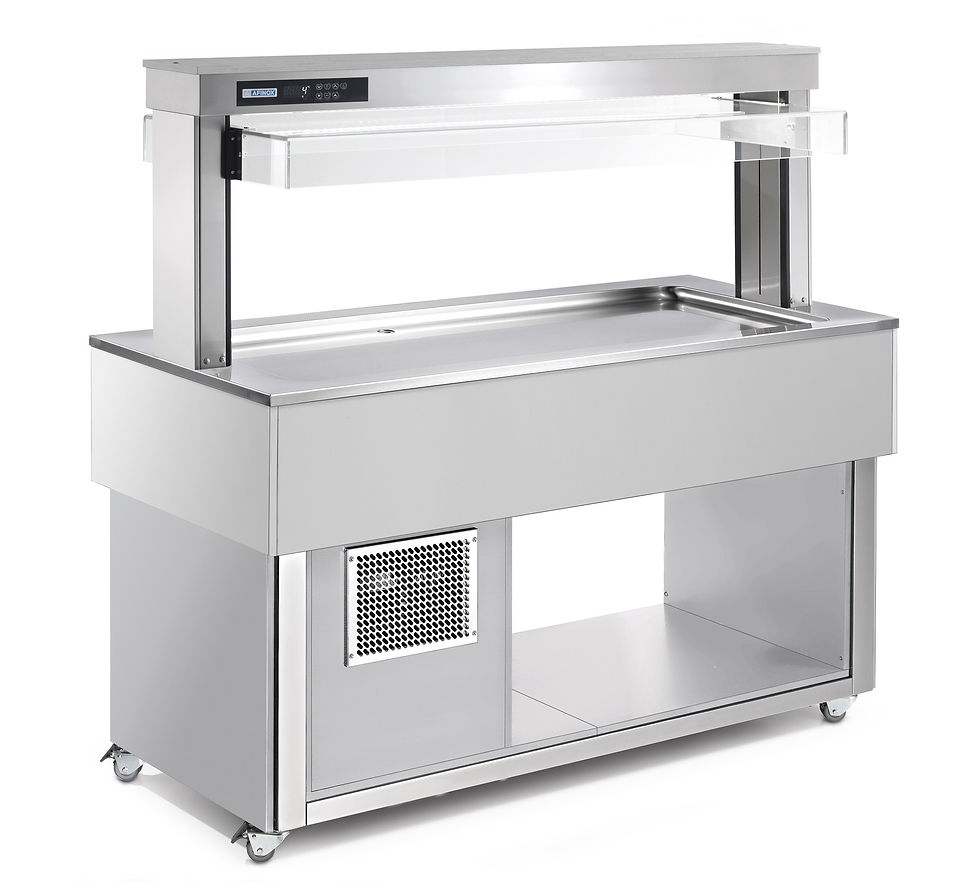 Miniaturbild: Ansicht auf eine Kaltausgabetheke von AFINOX mit Edelstahlkühlplatte in der Farbe Grau