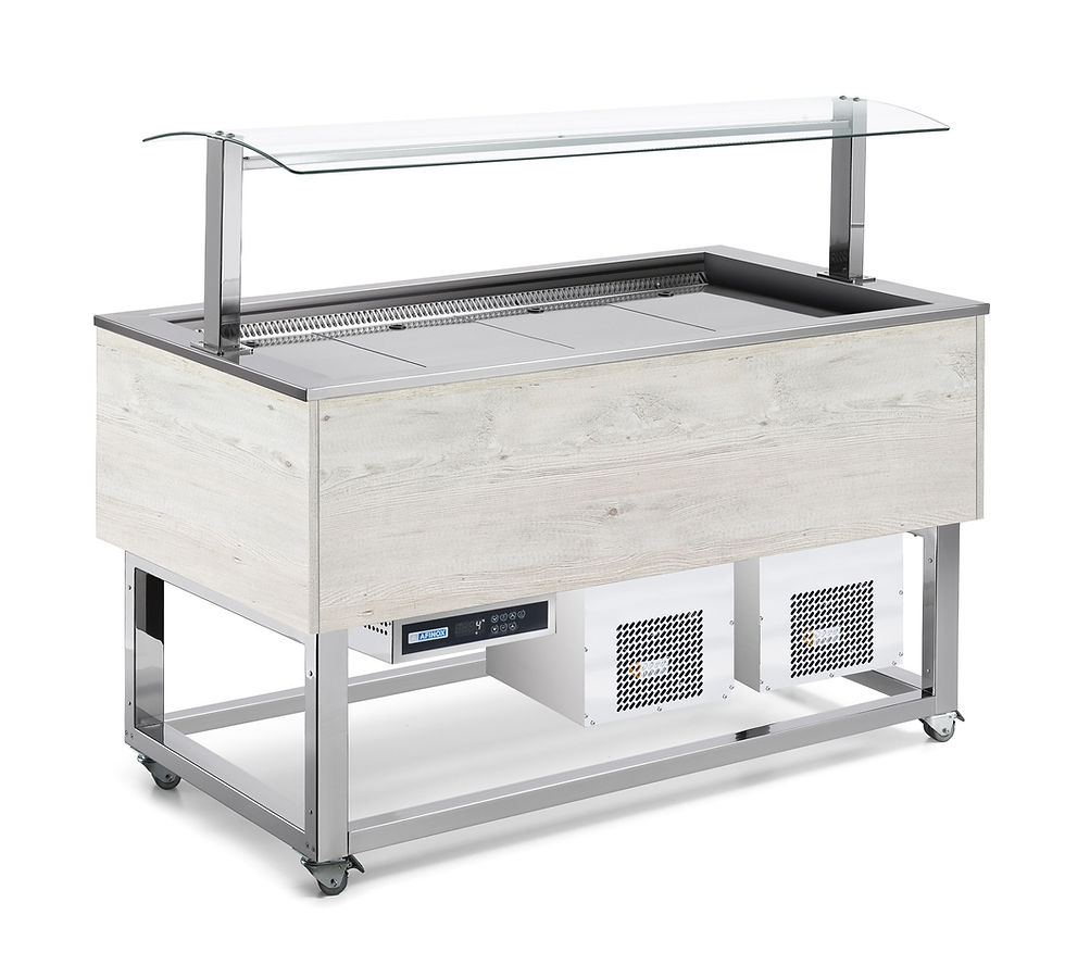 hell farbene Kaltausgabetheke, Seitenansicht