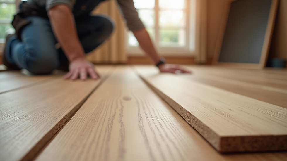 Close-up view of professional flooring installer fitting hardwood planks
