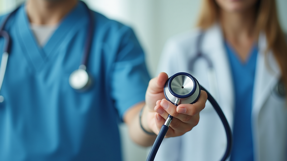 Close-up view of a person holding a stethoscope, symbolizing healthcare support