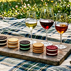 Firefly_Gemini Flash_different types of Oreo cookies next to glasses of wine, no labels, o