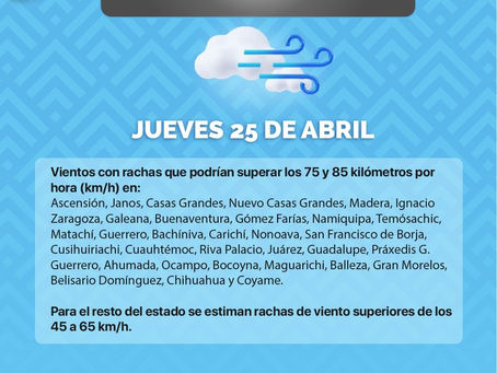 Emite Protección Civil alerta preventiva ante pronóstico de fuertes vientos en el estado