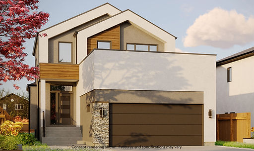 Exterior rendering of the Casa Nordica by KDR Homes, showing a two-storey front elevation with attached garage, wood accents, modern rooflines, and landscaped yard.