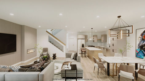 Wide open-concept rendering of the Casa Lilianna with living room, kitchen, dining area, fireplace, staircase, and modern neutral finishes.