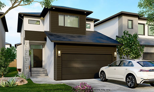 Exterior rendering of the Casa Moderna II by KDR Homes, showing a modern two-storey front elevation with attached garage, dark siding, stone accent detail, large windows, and driveway.