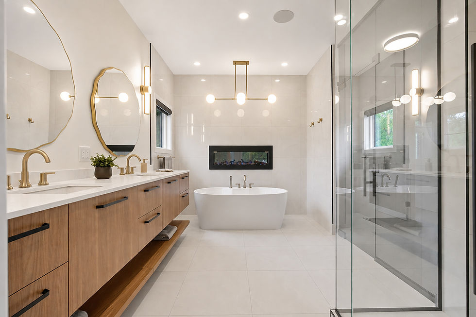 Bathroom at 514 Bower Boulevard with wood vanity, freestanding tub, glass shower, and gold fixtures.