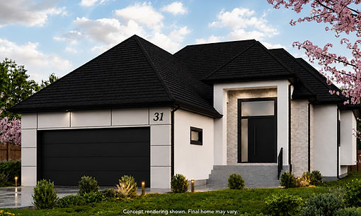 Exterior rendering of 31 Stonewalk Place, an under-construction KDR Homes bungalow in Prairie Pointe.