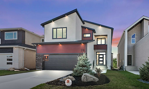 Evening front exterior view of 26 Thrush Street with modern architecture and exterior lighting.