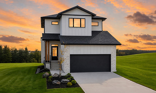 Casa Bella Collection two-storey home exterior at 289 Granite Grove Road, shown at sunset.