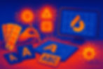 A hand with a pen draws shapes. A monitor displays a logo. Color swatches, letters, and gears in a vibrant blue and orange palette.