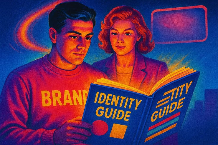 Homem e mulher lendo um livro intitulado "Identity Guide" em um espaço azul iluminado. O homem veste suéter vermelho com "BRAND".