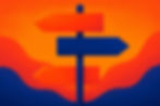 Blue and orange directional sign with abstract wave background. Bold, contrasting colors create a vibrant, dynamic mood. No text present.