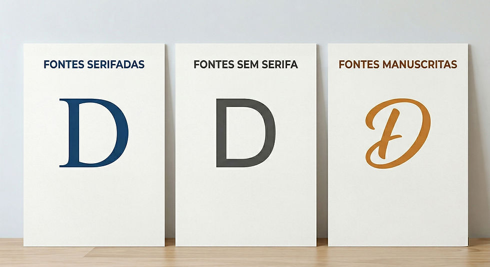Três quadros lado a lado com letras "D" em diferentes estilos de fonte: serifada, sem serifa e manuscrita. Fundo neutro.