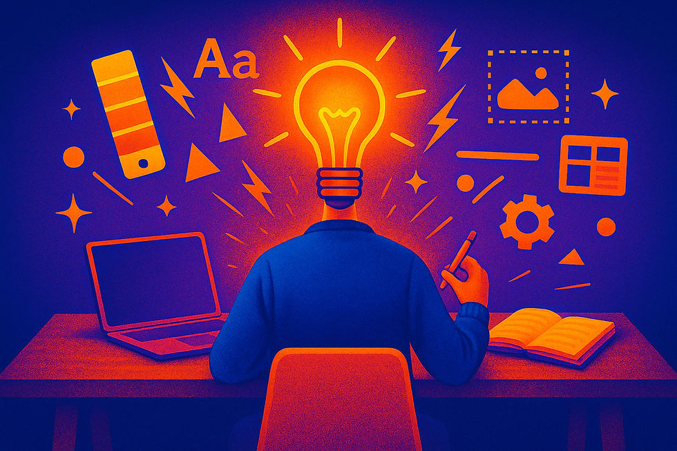 A person with a lightbulb head sits at a desk with a laptop and notebook. Bright colors, symbols, and "Aa" surround them, suggesting creativity.