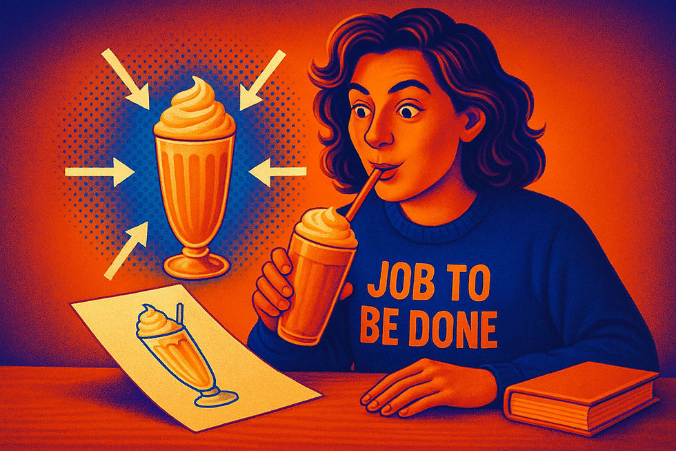 A person drinks a milkshake with a straw, wearing a "JOB TO BE DONE" sweater. Arrows point to a sketched milkshake. Warm colors.