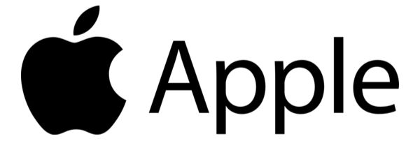 Black Apple logo and the word "Apple" in black text on a white background. Minimalist and modern design.