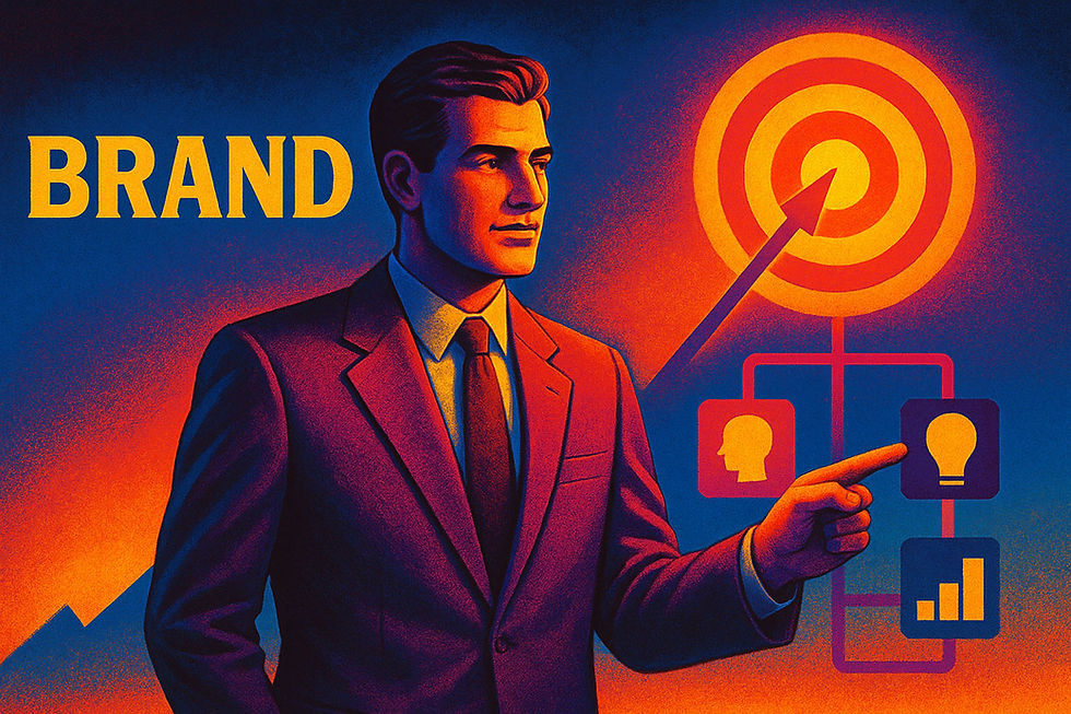 A suited man points to icons under a target symbol. The word "BRAND" is on the left. Warm hues create a strategic, focused mood.