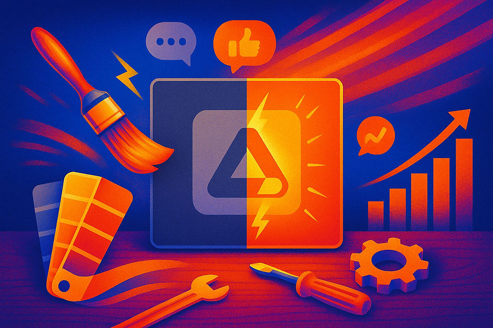 Colorful illustration of digital tools with a paintbrush, wrench, and graph on a blue-orange background. Includes like and message icons.