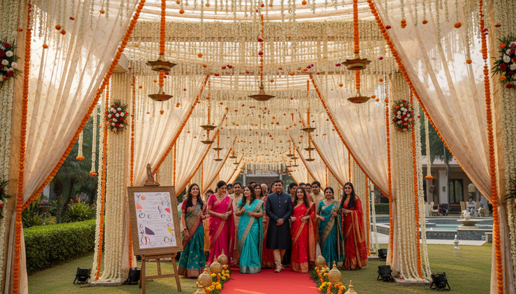 Eye-level view of a decorated wedding entrance with flowers and traditional lamps.