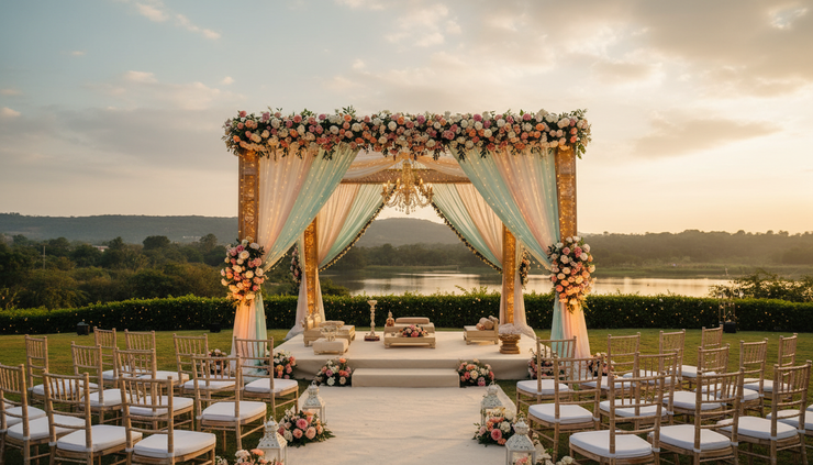 Wide-angle view of a floral wedding mandap set up for an evening ceremony