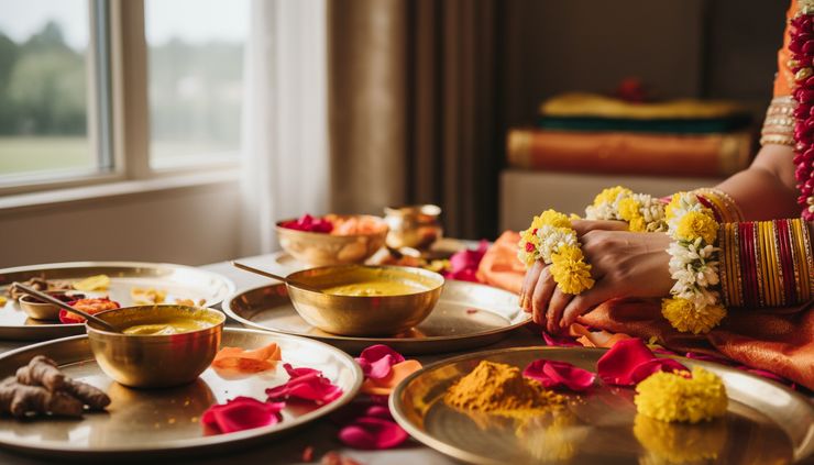 Close-up view of wedding bangles and floral jewellery prepared for a haldi ceremony.