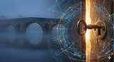 鍵と鍵穴の光、霧の川と橋、デジタルネットワークが広がる。