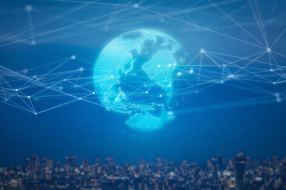 輝く青い地球と都市上空のデジタルネットワークがネットワークで繋がる。