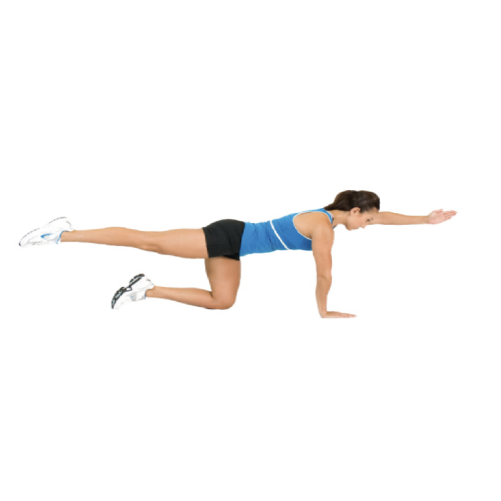 女性が片腕と片足を上げてバランスをとる。運動に関する画像 ABOUT 健康