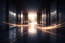 暗い廊下を貫く光の筋、明るい屋外へ続く現代的な道。