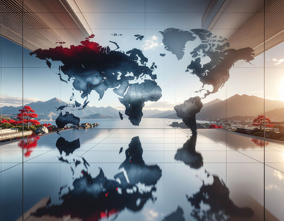 Firefly_abstract visualization of global strategy and capital flows, inspired by Japanese