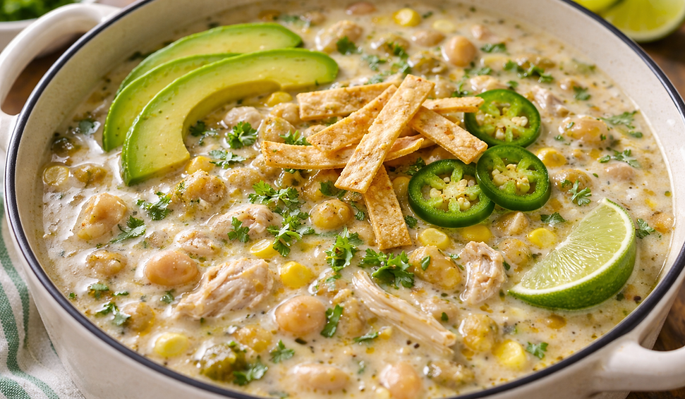 A creamy white chicken chili made with green chilis, tender chicken, white beans, and warm spices for an easy, comforting meal.