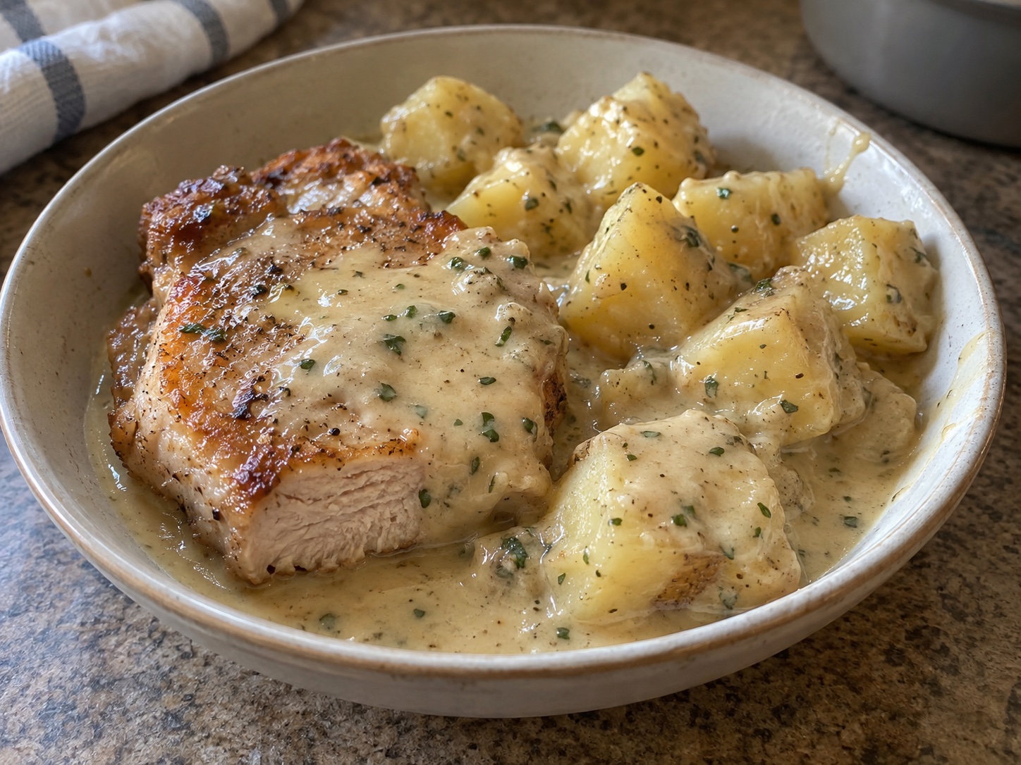 Browned pork chops and potatoes cooked in a creamy gravy with homemade ranch powder. A six-serving slow cooker dinner with the side already in the pot.