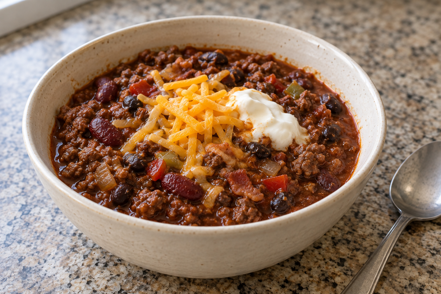 A hearty pot of beef and bacon chili with kidney beans, black beans, fire-roasted tomatoes, and heat you can adjust.